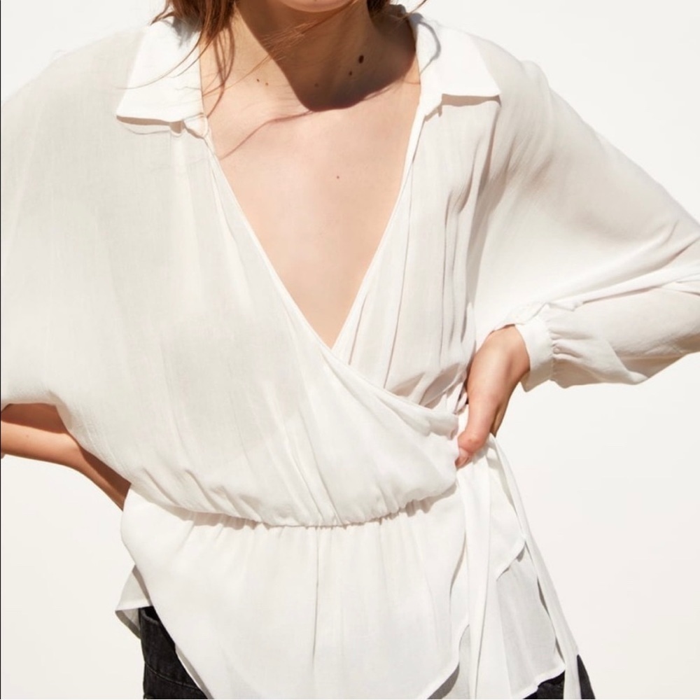 ZARA Semi-Sheer Wrap Style Blouse - Picture 7 of 8